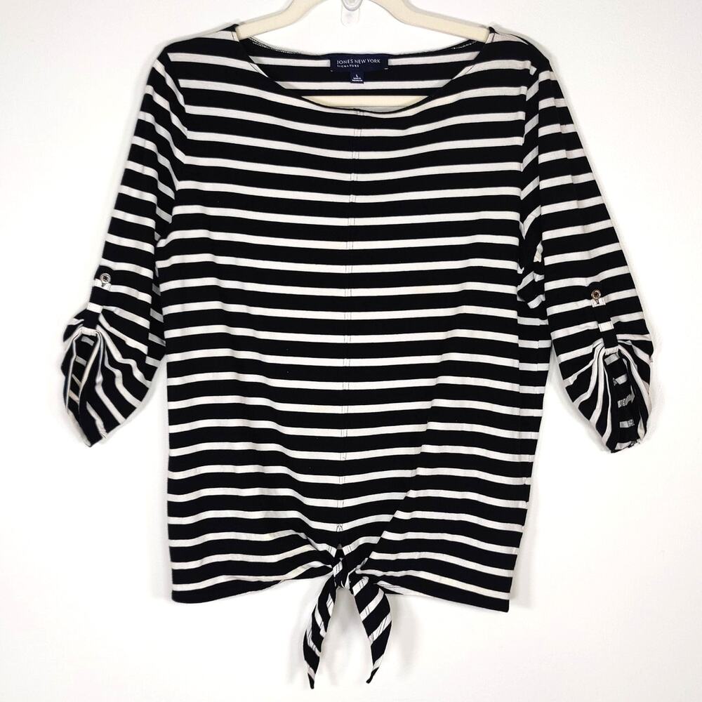 Jones New York Striped Tie Front Top L French Girl Parisian Chic